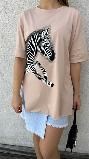 Yırtmaçlı Zebra Desen Bej Tshirt