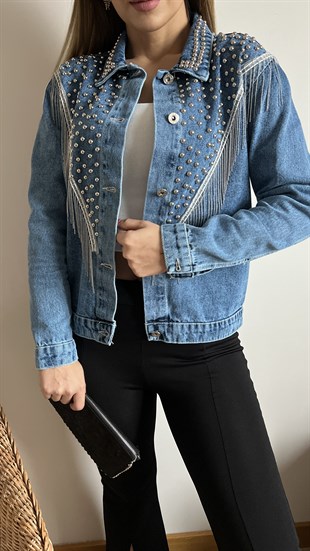 Troklu Zincir Detaylı Tasarım Mavi Jean Ceket	