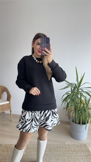 Etek Ucu Zebra Desen Siyah Elbise 